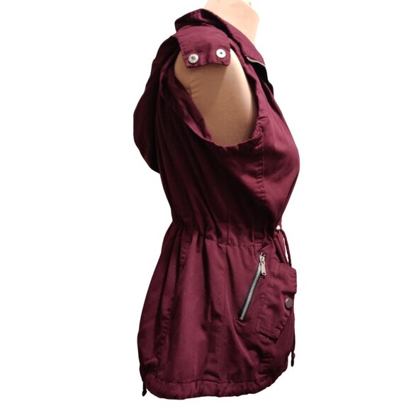 YMI S Burgundy Red Utility Hooded Vest Drawstring Street Style Militarycore Moto - Picture 3 of 11